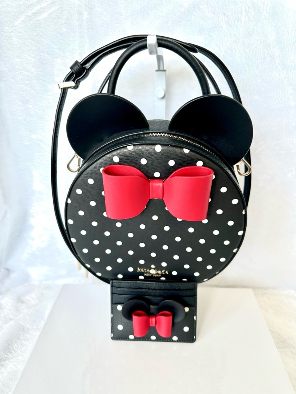 Kate Spade Black Polka Dot Crossbody Bag and Red Bow with Matching Card Holder